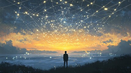 Fototapeta premium A lone figure, backlit by the ethereal glow of a sunrise, stands at the edge of a vast server farm stretching towards the horizon. Thousands of data cables snake across the landscape, pulsing with