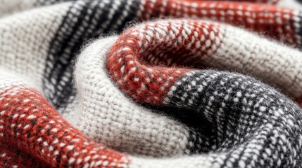 Fototapeta premium Detailed shot of a soft woven fabric in red, black, and white colors, showcasing its intricate patterns and the cozy appearance with a folded layout.