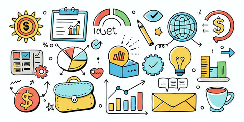 Business doodle icon set, vector hand drawn finance sketch, ink line startup money clipart. Creative presentation project scribble, cartoon cute strategy sign, achievement chart. Business doodle kitbr