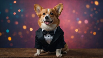 Corgi dog in clothes, in a tuxedo on a colored background.