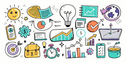 Business doodle icon set, vector hand drawn finance sketch, ink line startup money clipart. Creative presentation project scribble, cartoon cute strategy sign, achievement chart. Business doodle kitbr