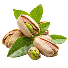 Pistachios in shell with leaves isolated on transparent or white background 