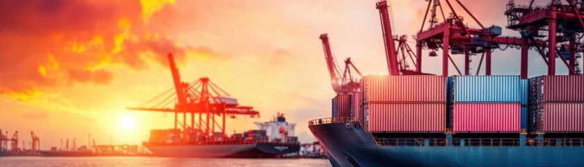 Fototapeta premium Stunning sunset over a busy port with container ships and cranes, capturing the essence of maritime logistics and industrial activity.
