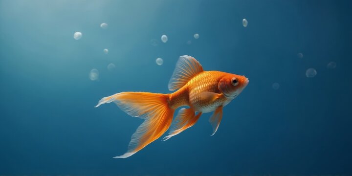 A single goldfish swimming to the left on a serene blue background with plenty of space.