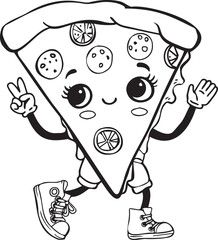 Children's Coloring Book With An Image Of A Funny Slice Of Pizza In Sneakers In Vector