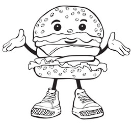 Children's Coloring Book With The Image Of A Funny Burger In Sneakers In Vector