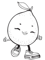 Children's Coloring Book With The Image Of A Funny Lemon In Sneakers In Vector