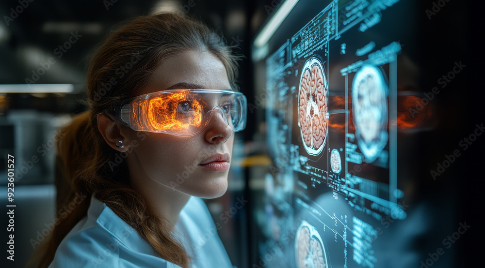 Leinwandbilder A scientist wearing augmented reality glasses reviews intricate brain scans in a modern lab illuminated by digital displays.