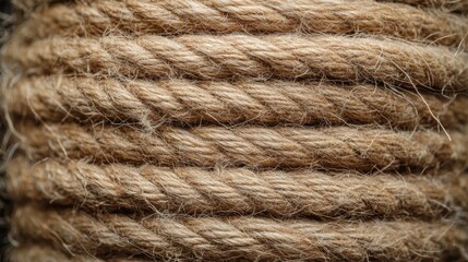 Close-up of a natural jute twine skein. Linen rope spool texture in the background. 