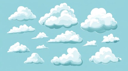 Fototapeta premium Collection of white cartoon clouds in a flat design. 