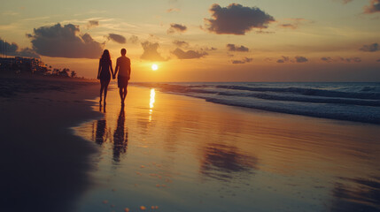 A real-time capture of a couple enjoying a sunset on the beach, reflecting their love and serenity.