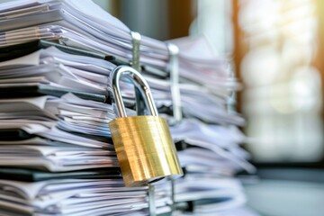 Stack of documents secured with a golden padlock, symbolizing data protection and confidentiality in a professional environment