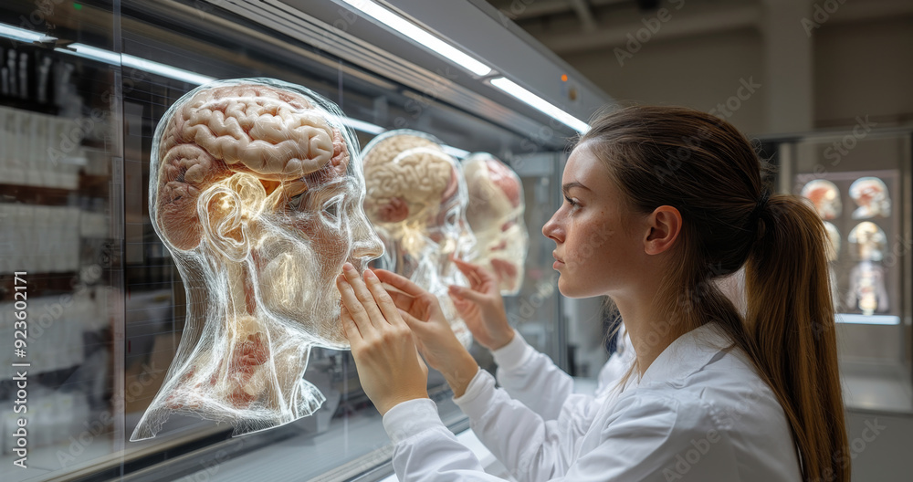 Poster a medical student examines detailed anatomical models of human heads while learning about the brain 