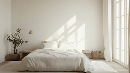 Fototapeta premium A serene and organized bedroom with a minimalist design and neutral tones, reflecting a peaceful and simple lifestyle.