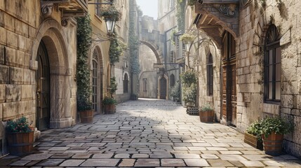 Fototapeta premium Charming cobblestone alley in a historic village bathed in morning light