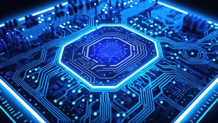 A close-up of a glowing blue microchip on a circuit board, illustrating the intricate design of modern technology and the power of advanced computing