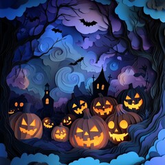 Fototapeta premium Spooky Halloween scene with glowing jack-o'-lanterns and dark silhouettes of haunted houses under a cloudy night sky with bats.