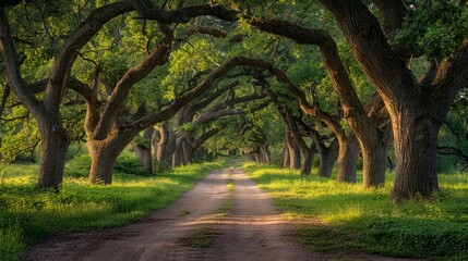 Naklejka premium Sunlit pathway through tree-lined avenue during early morning in a lush green forest