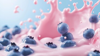 Naklejka premium Fresh blueberries splash in pink yogurt creating a vibrant, visually striking mix in a bright setting.