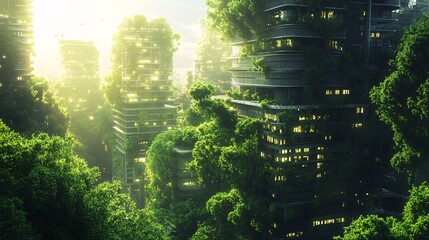 Obraz premium A futuristic cityscape, overgrown with lush vegetation and towering trees that pierce the sky. Buildings seamlessly blend with nature, their facades covered in climbing vines and glowing moss. The