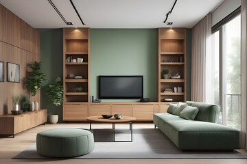 Living room interior with display tv on Wooden cabinet and floor. green wall. Generative ai