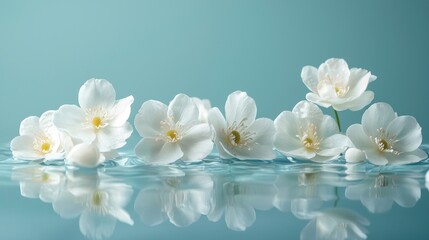 Fototapeta premium A minimalist spa scene featuring delicate flowers arranged in a symmetrical pattern. The soft, natural lighting enhances the gentle colors and textures of the flowers, while the simple background