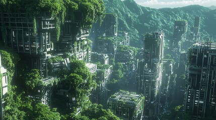 A futuristic cityscape, overgrown with lush vegetation and towering trees that pierce the sky. Buildings seamlessly blend with nature, their facades covered in climbing vines and glowing moss. The
