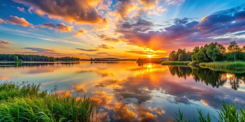 Obraz premium Summer landscape with a vibrant sunset over a tranquil lake, sunset, summer, landscape, nature, scenic, sky, clouds