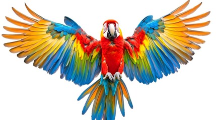 Obraz premium Vibrant Macaw with Outstretched Colorful Feathers against Plain White Background