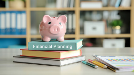 A piggy bank placed on a stack of books labeled "Financial Planning," representing the importance of education in managing personal finances.