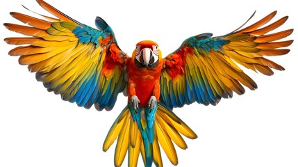 Obraz premium Vibrant and Captivating Macaw with Outstretched Colorful Feathers Against Plain White Background