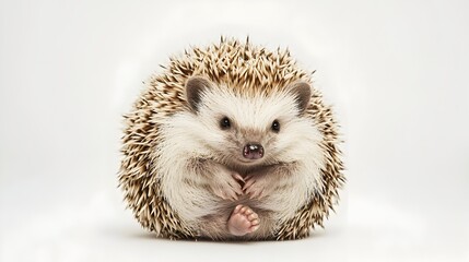 Obraz premium Adorable Hedgehog Curled into Protective Ball Against White Backdrop