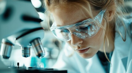 A scientist in a white lab coat and safety goggles is focused on observing samples through a microscope while working in a research laboratory.
