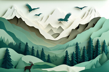 Stunning paper art landscape of mountains, forest, and wildlife, featuring birds in flight and a deer in a serene valley.