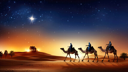 Nativity of Jesus Scene. Shining Bethlehem star and silhouette of three wise men on camels in desert. Bright bethlehem star. Banner. Epiphany concept - Powered by Adobe