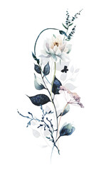 Watercolor painted floral vertical border frame. White lotus flower, dark blue and pink wild forest twigs, branches, leaves. Hand drawn illustration. Watercolour artistic template design.