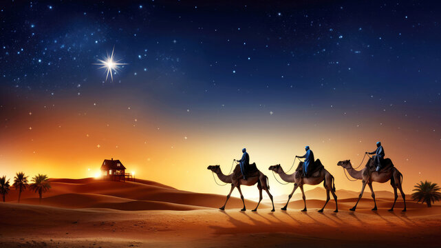 Nativity of Jesus Scene. Shining Bethlehem star and silhouette of three wise men on camels in desert. Bright bethlehem star. Banner. Epiphany concept - Powered by Adobe