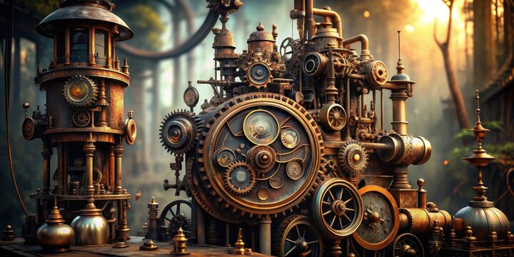 Close-up of elaborate steampunk machine surrounded by nature setting, steampunk, machine, gears, intricate, parts