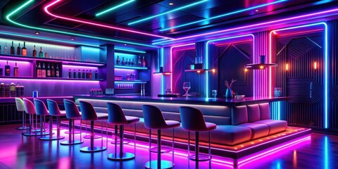 Fototapeta premium Futuristic neon bar lounge with vibrant lighting and unique decor, neon, bar, lounge, futuristic, vibrant, lighting, unique