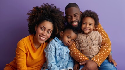 Obraz premium A happy family enjoys a moment together, smiling and posing while sitting on the floor