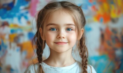 Fototapeta premium funny happy young girl student show with painting art paper, creativity of children concept