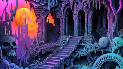 Obraz premium Surreal fantasy landscape with eerie architecture, vibrant colors, and ominous moonlit backdrop creating a mysterious, gothic ambiance.