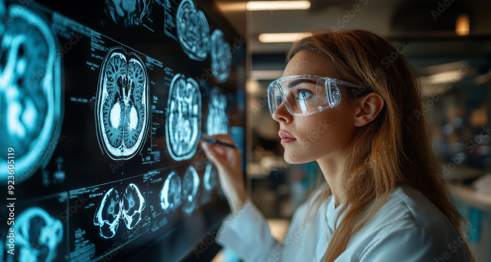 Poster a researcher examines brain images on a large screen, focused on understanding neurological conditio