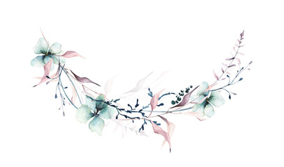 Watercolor painted floral semicircular frame. Blue flowers, pink, green wild meadow twigs, moss branch, turquoise leaves. Hand drawn illustration. Watercolour artistic template design.