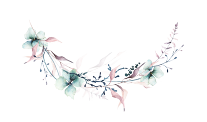 Watercolor painted floral semicircular frame. Blue flowers, pink, green wild meadow twigs, moss branch, turquoise leaves. Hand drawn illustration. Watercolour artistic template design.