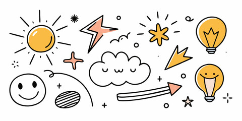 Doodle sketch element set, vector graphic hand drawn line shapes, arrow, stars, flowers, sun, cloud. Simple emotion sign kit, idea bulb, vignetting speech bubble, black emphasis. Ink doodle element