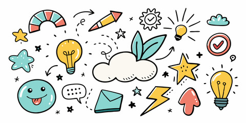 Doodle sketch element set, vector graphic hand drawn line shapes, arrow, stars, flowers, sun, cloud. Simple emotion sign kit, idea bulb, vignetting speech bubble, black emphasis. Ink doodle element