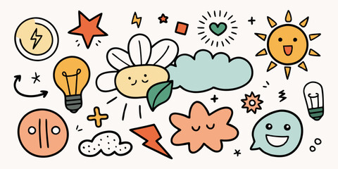 Doodle sketch element set, vector graphic hand drawn line shapes, arrow, stars, flowers, sun, cloud. Simple emotion sign kit, idea bulb, vignetting speech bubble, black emphasis. Ink doodle element