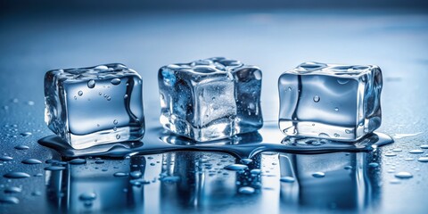 Three melting ice cubes on a clear surface, melting, ice cubes, cold, water, refreshing, summer,drips, liquid