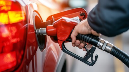 A person fueling a red vehicle at a gas station during daylight.